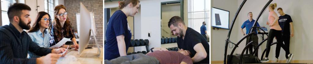 照片蒙太奇显示物理治疗的学生与病人一起工作.
